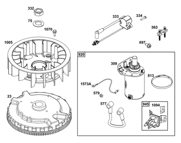 Flywheel, Ignition, And Starter Group Diagram and Parts List for 49X977-0015-J1  Briggs and Stratton Engine